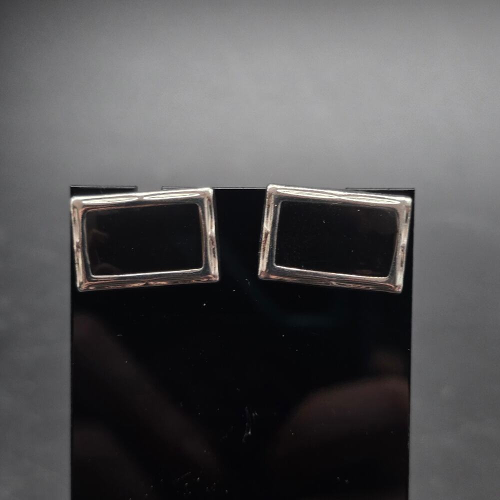 Silver Tone Black Enamel Rectangle Cufflinks VIntage Men's Accessory